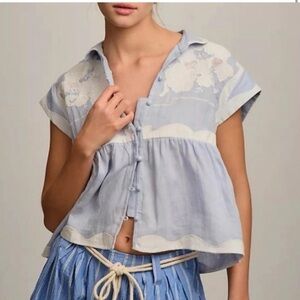 By Anthropologie Linen Appliqué Buttondown Tank